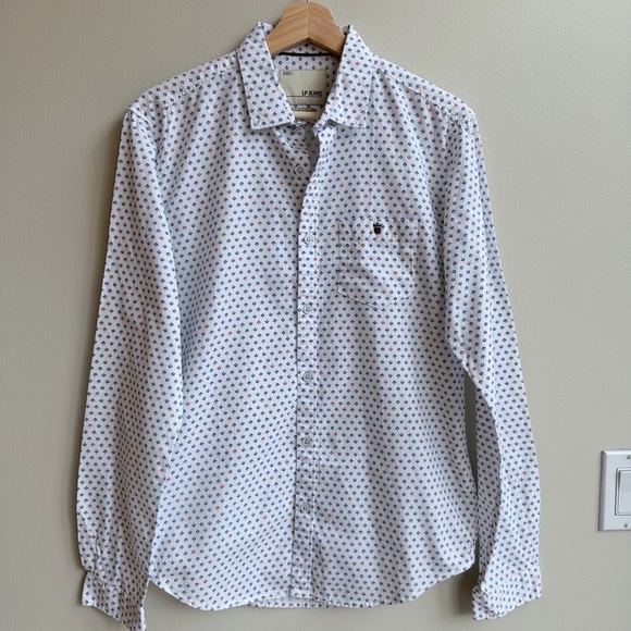 Men's White and Blue Patterned Button Down Shirt - Picture 1 of 13